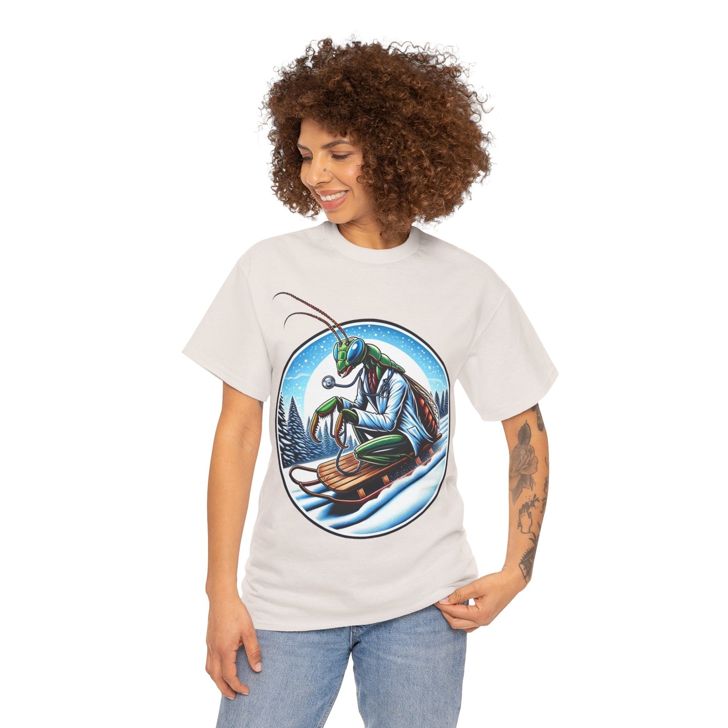 Dr Mantis riding a toboggan shirt