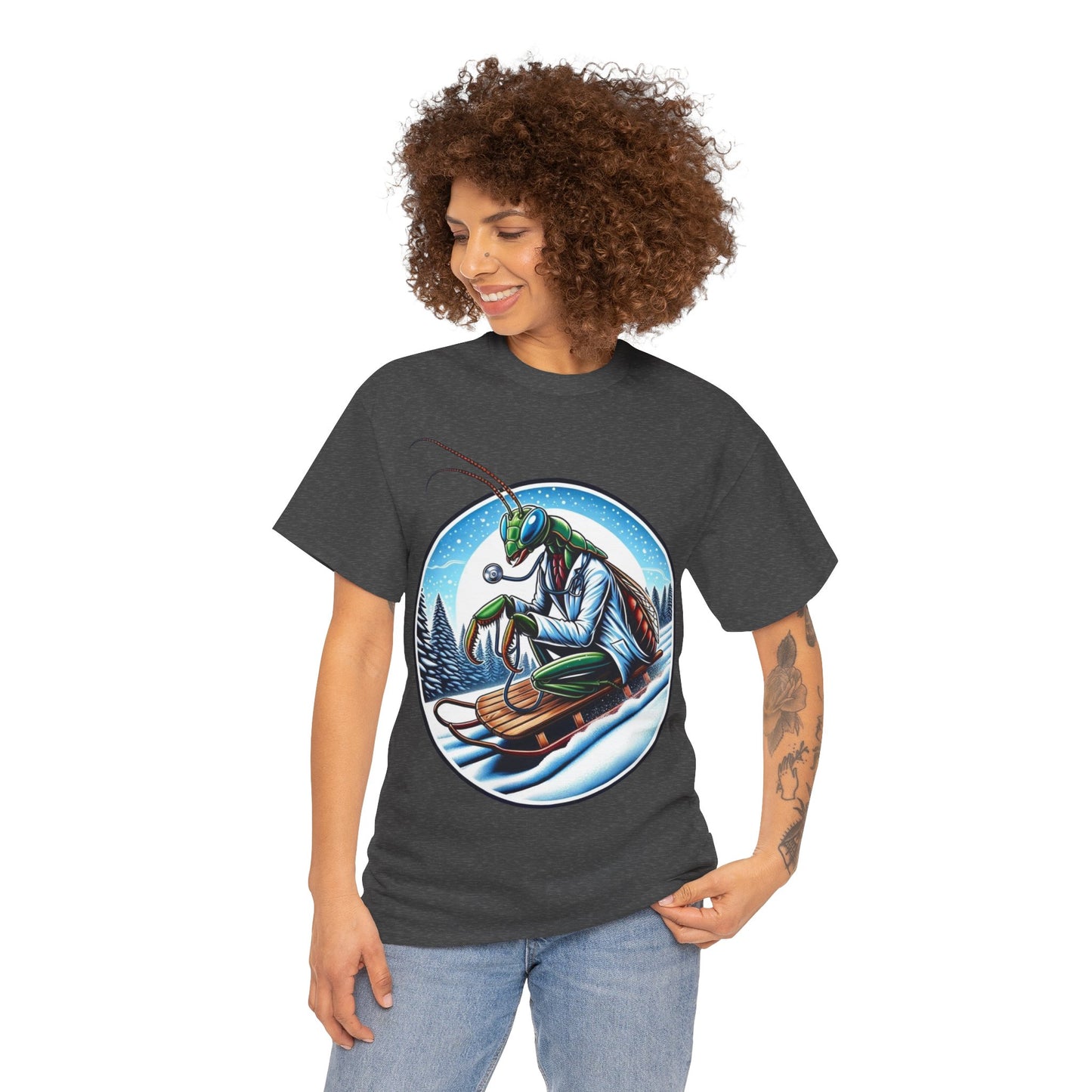 Dr Mantis riding a toboggan shirt