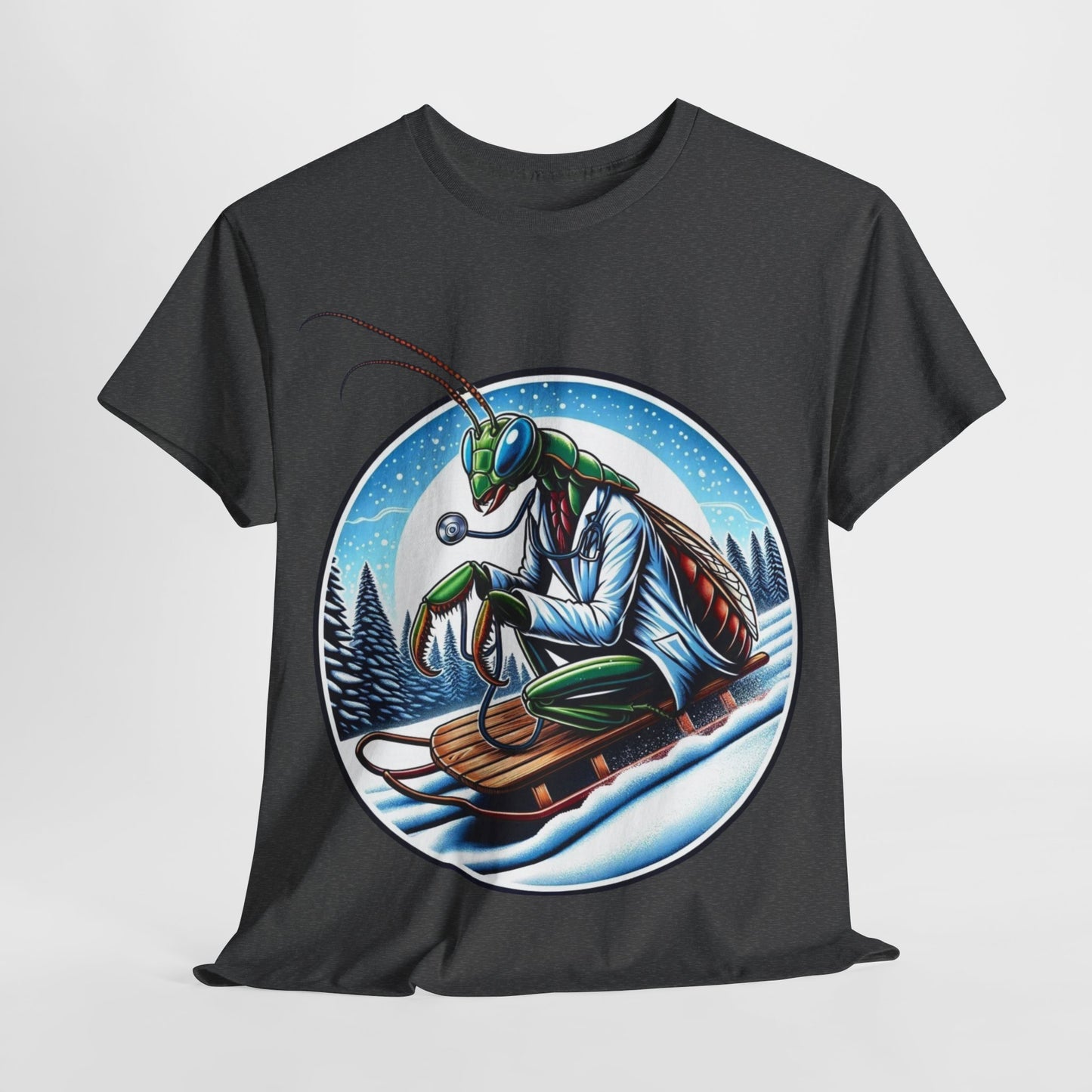 Dr Mantis riding a toboggan shirt