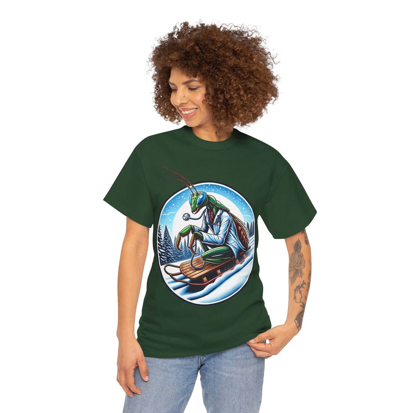 Dr Mantis riding a toboggan shirt