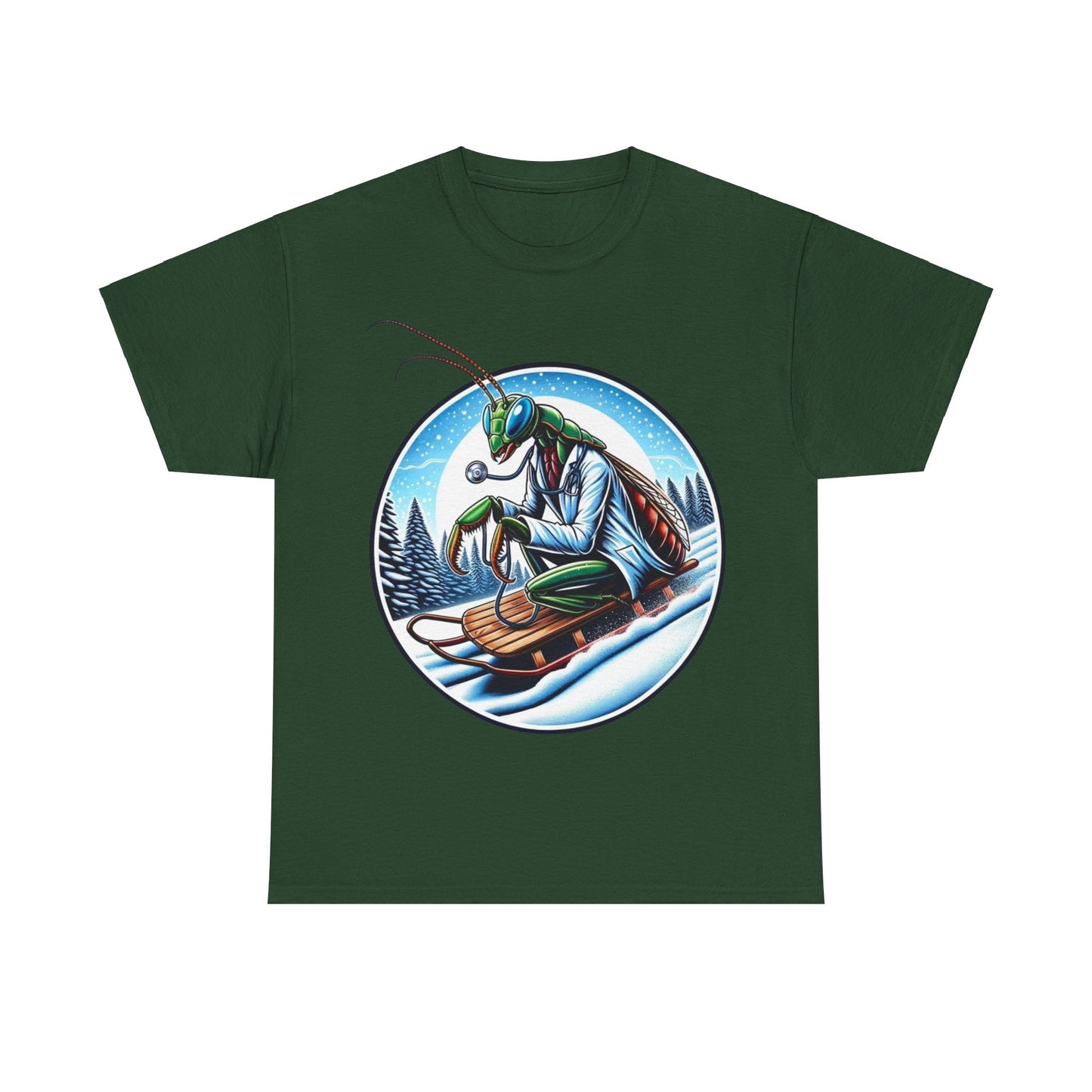 Dr Mantis riding a toboggan shirt