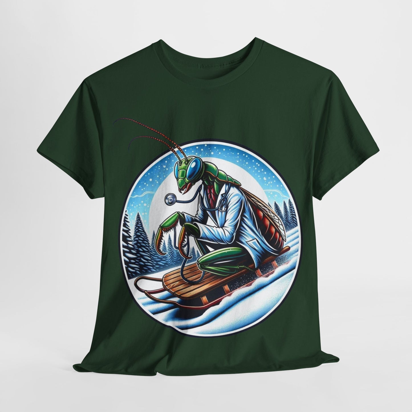 Dr Mantis riding a toboggan shirt
