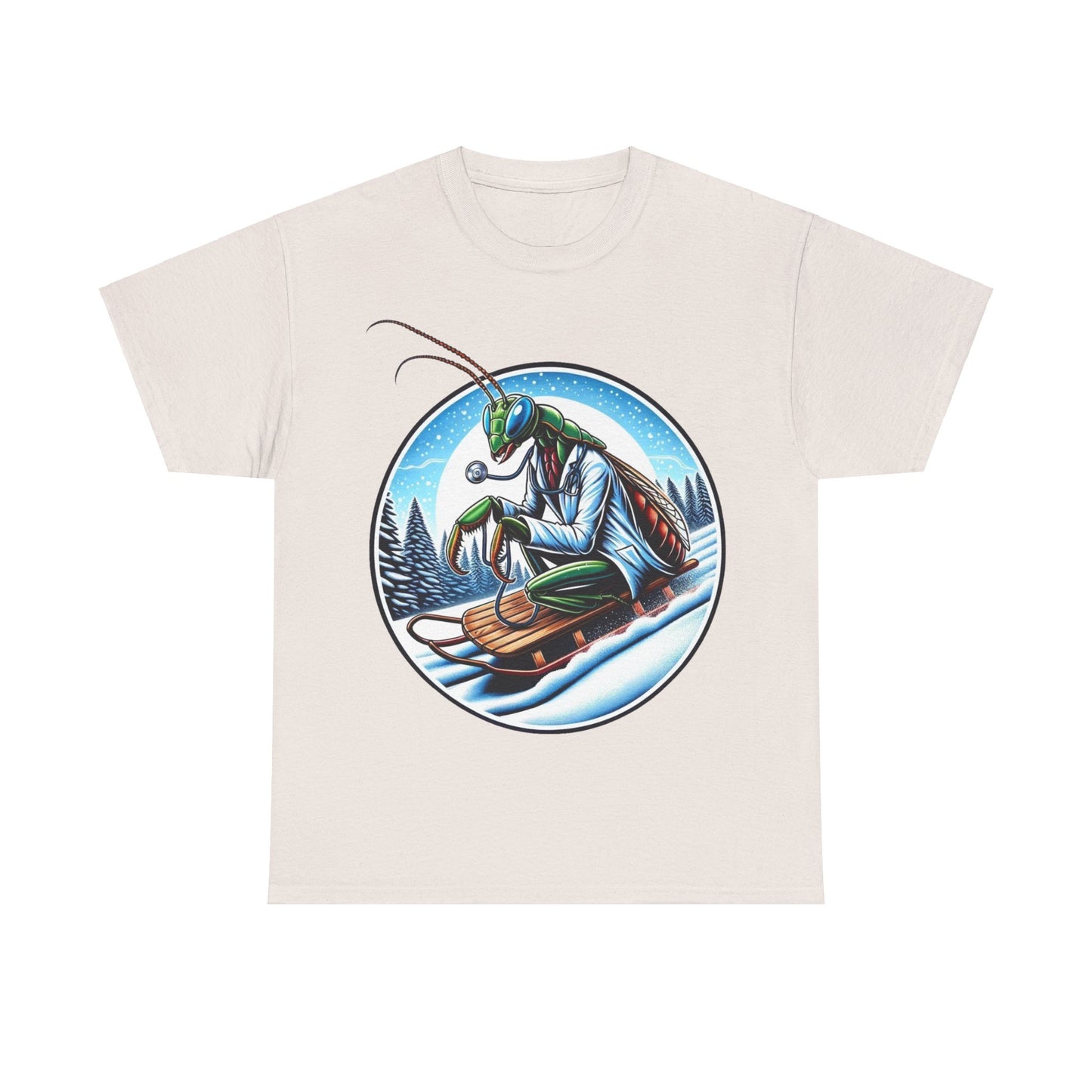 Dr Mantis riding a toboggan shirt
