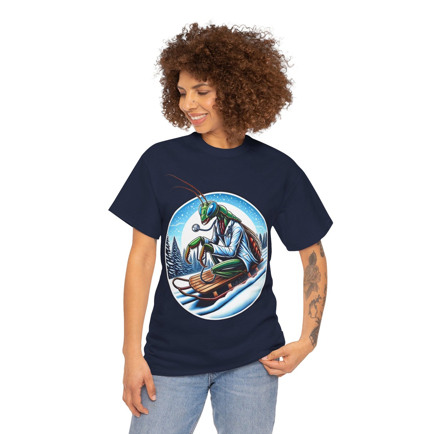 Dr Mantis riding a toboggan shirt