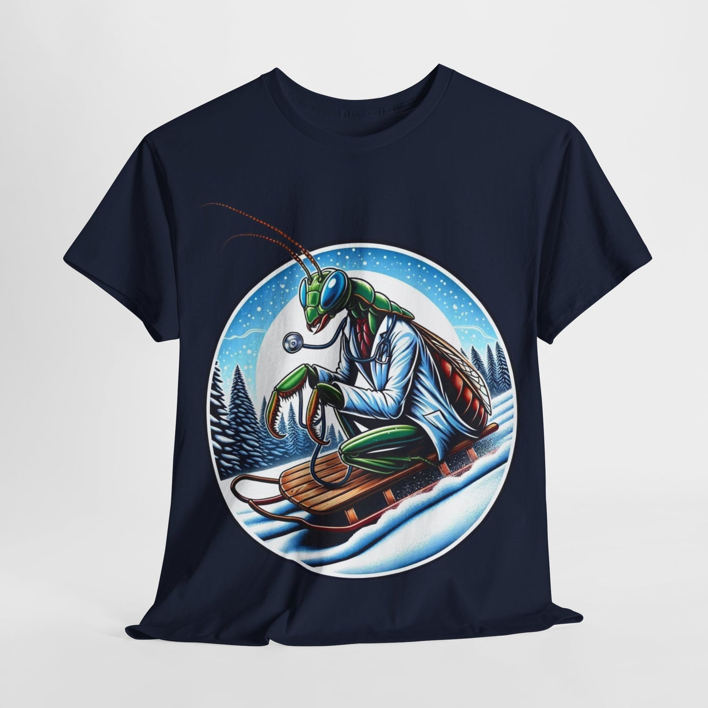 Dr Mantis riding a toboggan shirt