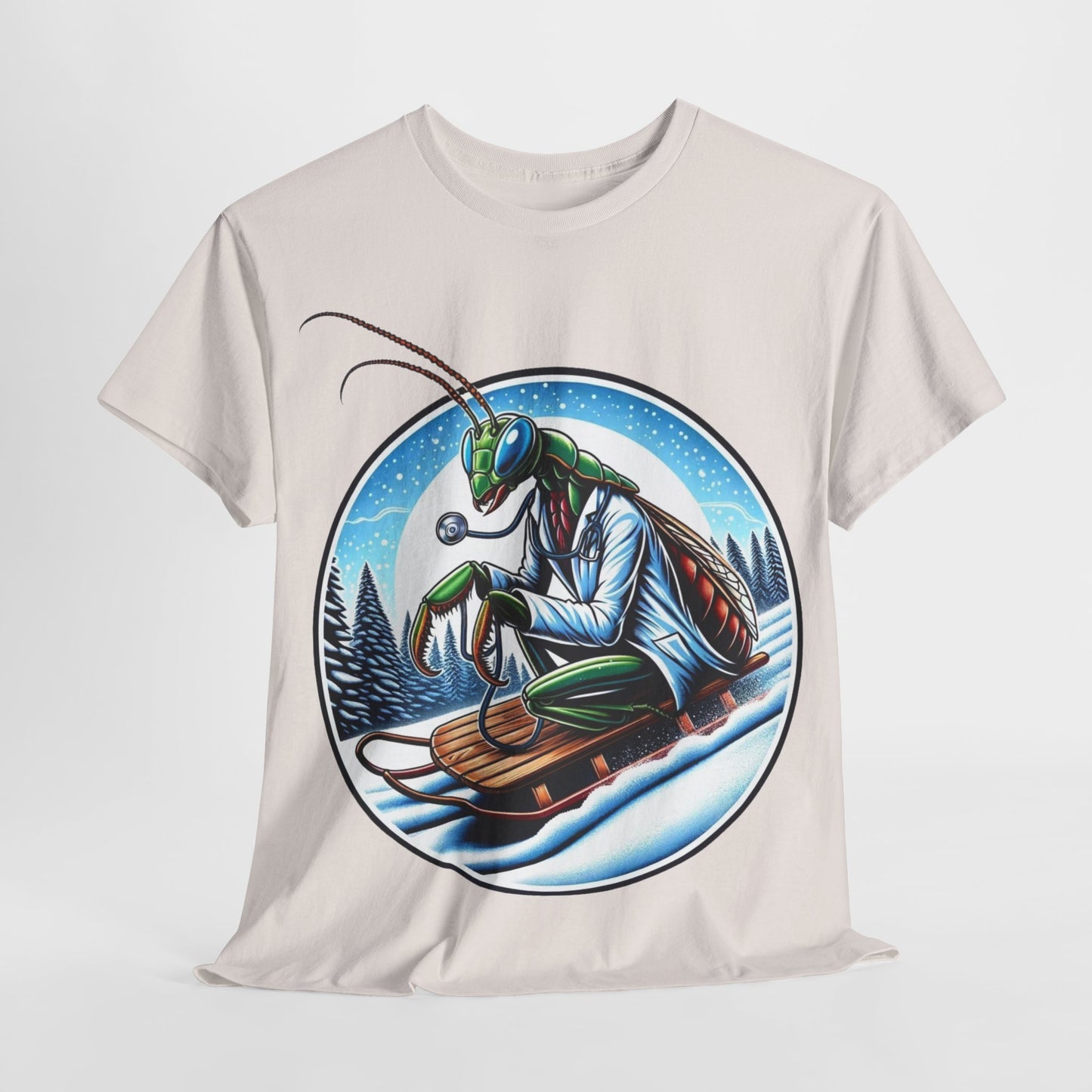 Dr Mantis riding a toboggan shirt