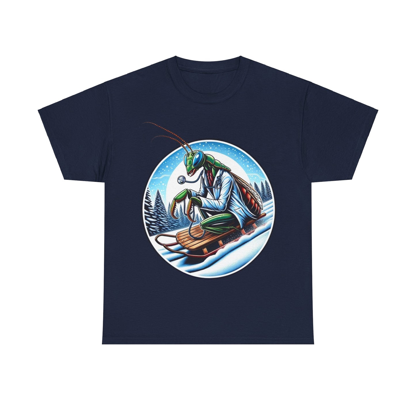 Dr Mantis riding a toboggan shirt