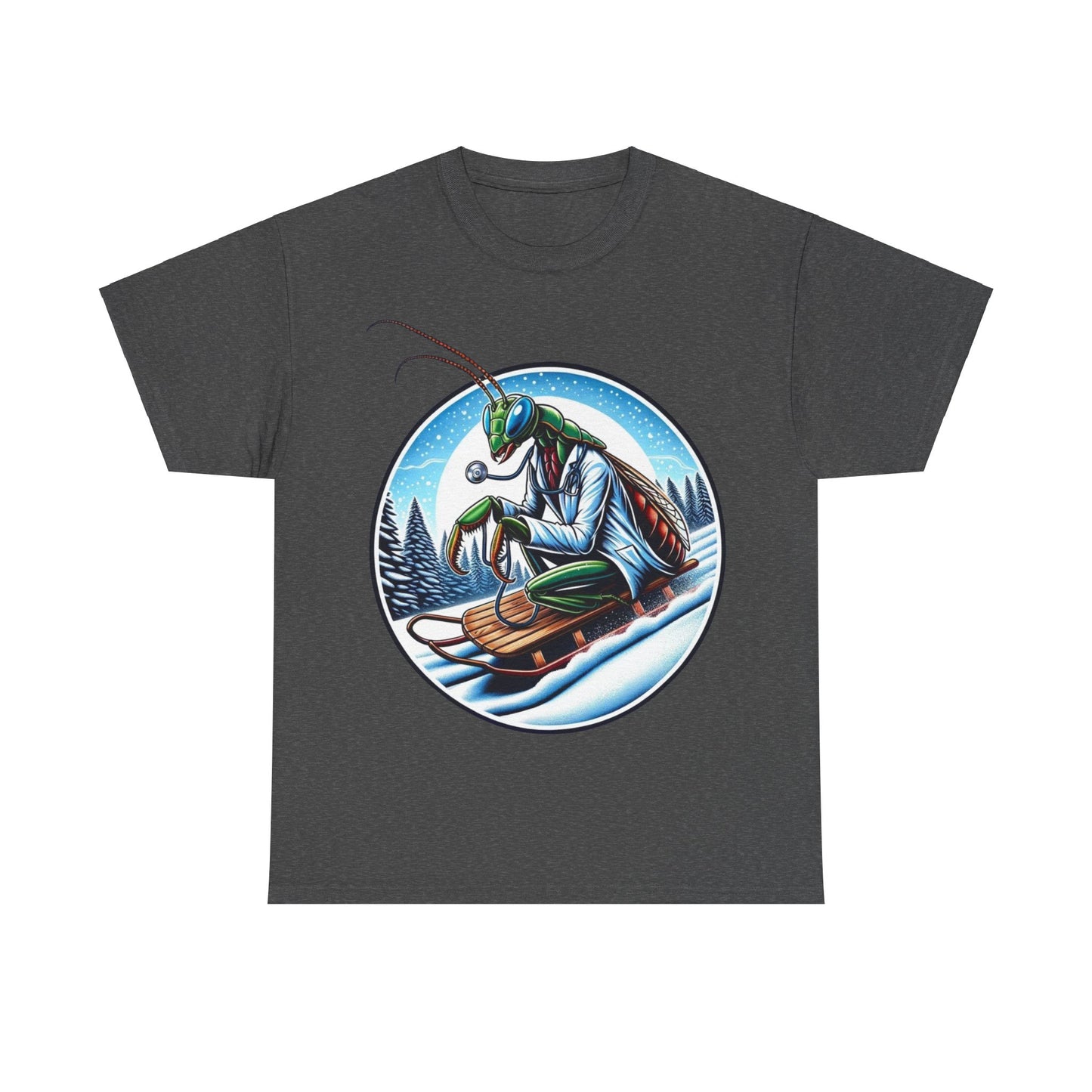 Dr Mantis riding a toboggan shirt